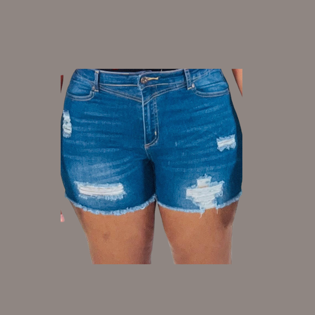 Plus Size Dark Blue Distressed Shorts