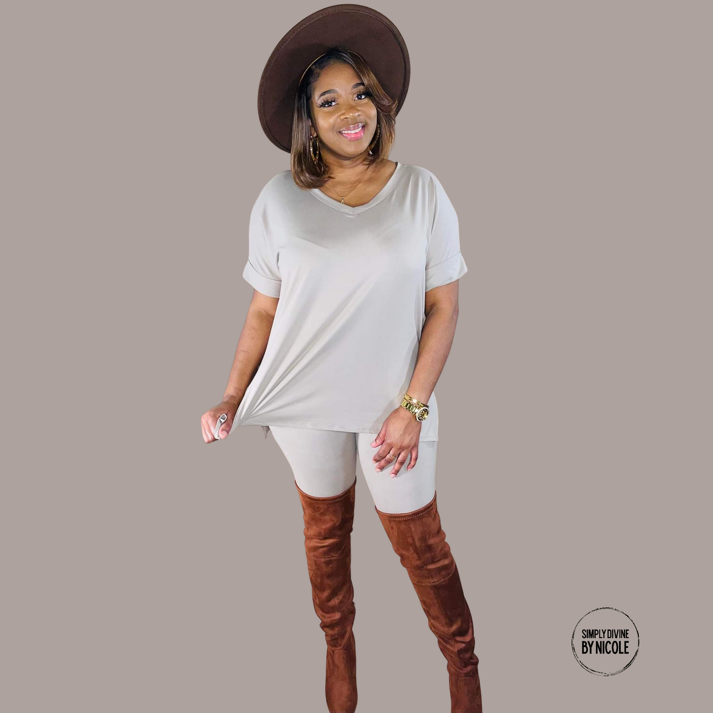 Ash Mocha V-Neck Legging Set