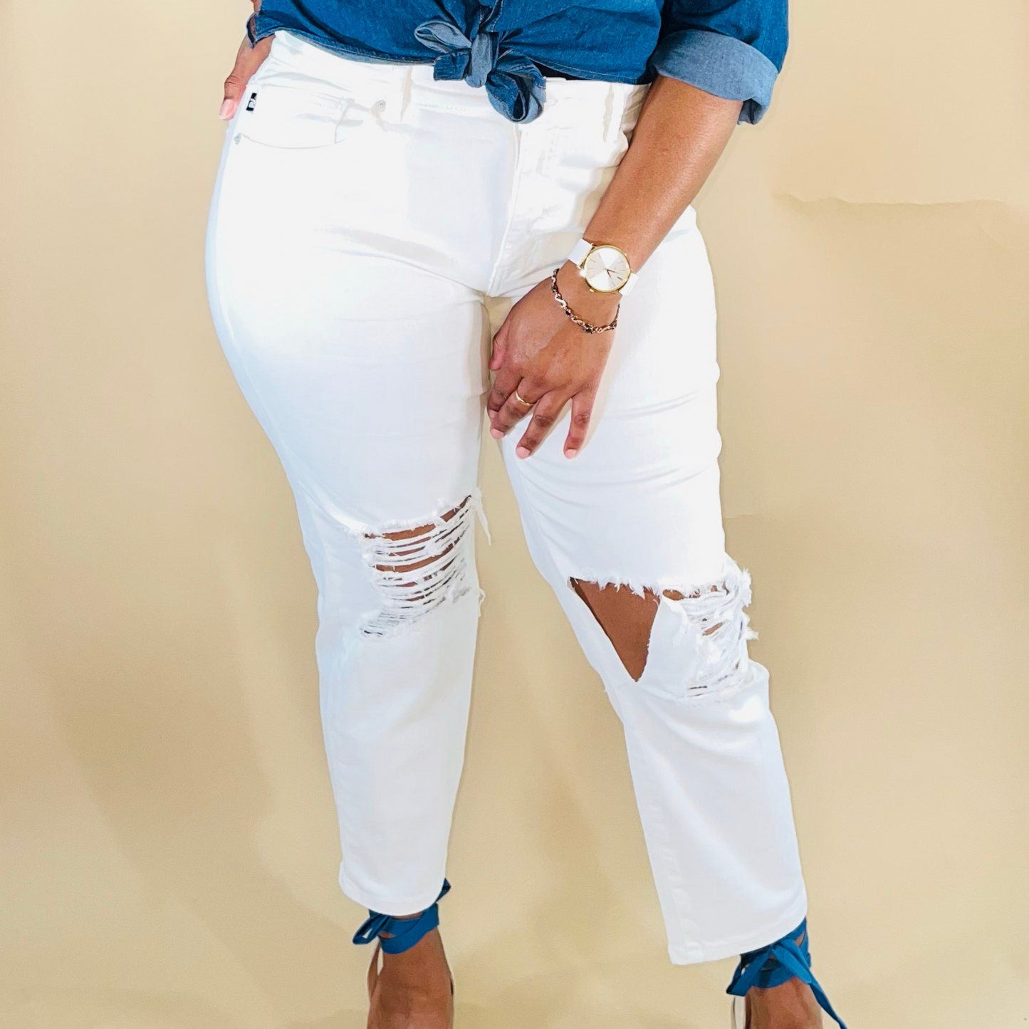 White Plus Size High Rise Slim Straight Pants